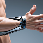 **Advanced prosthetic limb:** A futuristic, highly functional prosthetic arm seamlessly integrated with the human body, showcasing advanced sensors and bio-materials.