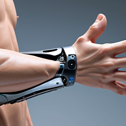 Home 15 **Advanced prosthetic limb:** A futuristic, highly functional prosthetic arm seamlessly integrated with the human body, showcasing advanced sensors and bio-materials.
