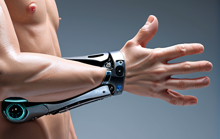 **Advanced prosthetic limb:** A futuristic, highly functional prosthetic arm seamlessly integrated with the human body, showcasing advanced sensors and bio-materials.