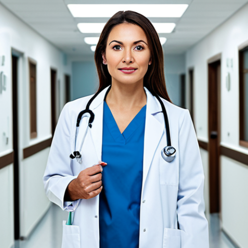 Home 7 **
"A confident female doctor, fully clothed in a professional white coat and modest scrubs, standing in a modern hospital hallway, stethoscope around her neck, safe for work, appropriate content, perfect anatomy, natural proportions, professional medical photography, bright lighting, clean background."
**