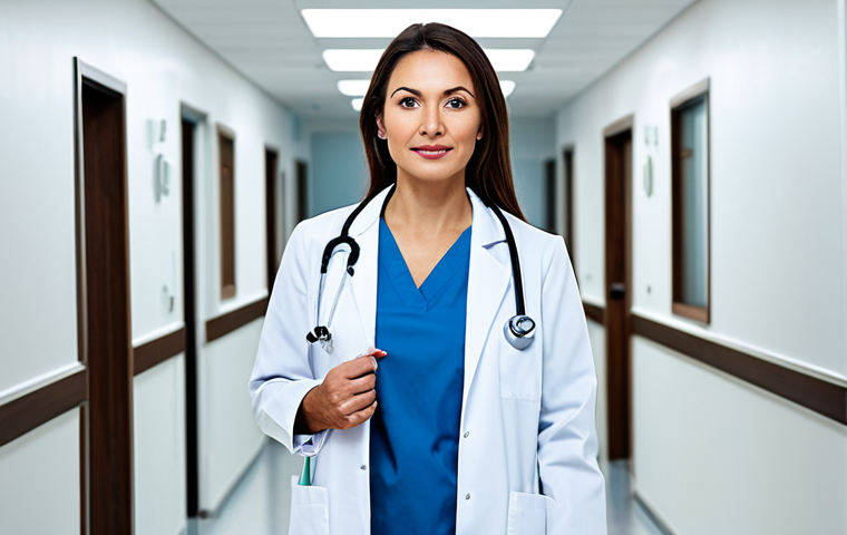 **
"A confident female doctor, fully clothed in a professional white coat and modest scrubs, standing in a modern hospital hallway, stethoscope around her neck, safe for work, appropriate content, perfect anatomy, natural proportions, professional medical photography, bright lighting, clean background."
**