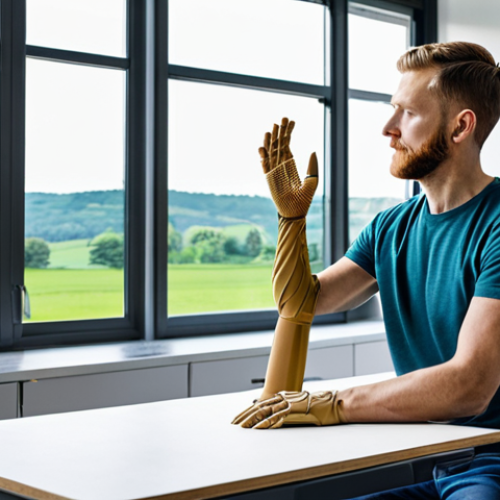 Home 11 Sustainable Prosthetic Design**
"A professional product designer, fully clothed, working on a 3D model of a prosthetic arm made from bio-based materials, in a bright, modern workshop with large windows overlooking a green landscape, safe for work, appropriate content, perfect anatomy, natural proportions, professional design, high quality, well-formed hands, proper finger count, natural body proportions, sustainable materials visible."
**